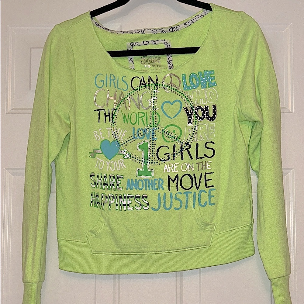 Justice Graphic Sweatshirt 16 Lime Inspirational Peace Fleece Pocket Casual